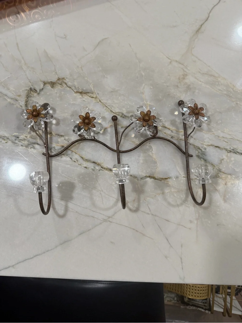 Crystal Flower Wall Hooks - Decorative Metal & Glass Coat Rack